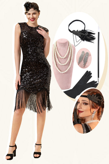 Preto Fringes 1920s Vestido Com 20s Acessórios Set